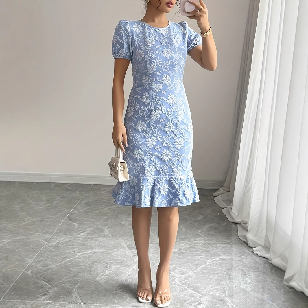 French V-Neck Short Sleeve Floral A-Line Dress
