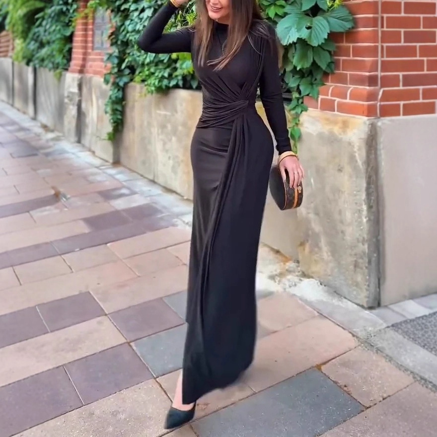 Women's Long Sleeve Crew Neck Solid Color Slim Fit Knot Long Dress
