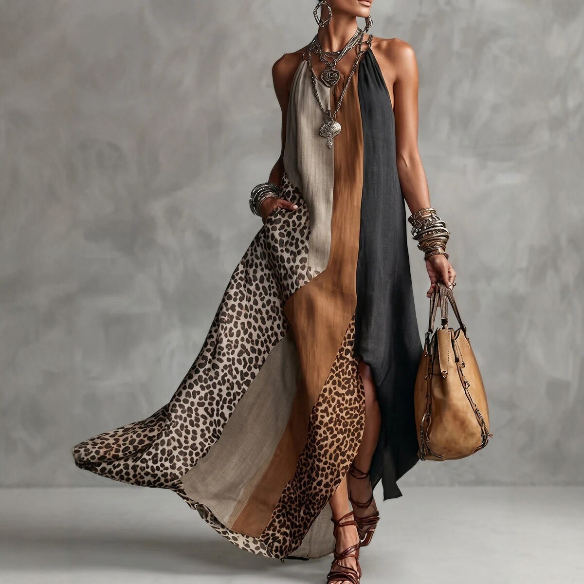 Bohemian Leopard Colorblock Halter Sleeveless Slit Flowy Maxi Dress
