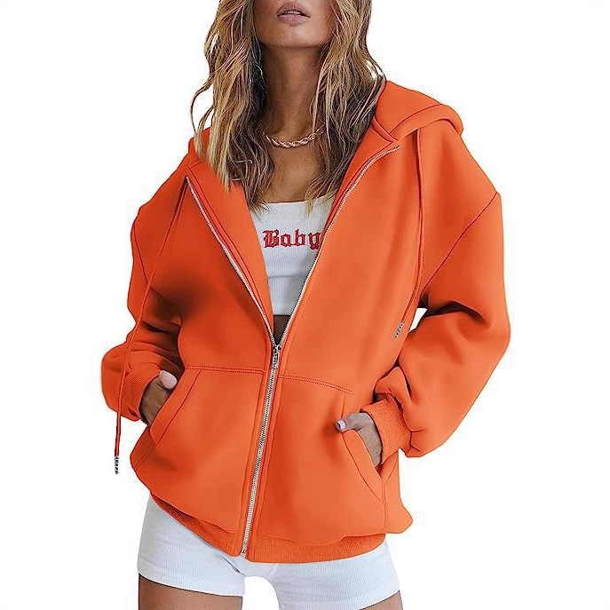 Women's Minimalist Solid Print Zip-Up Hoodie