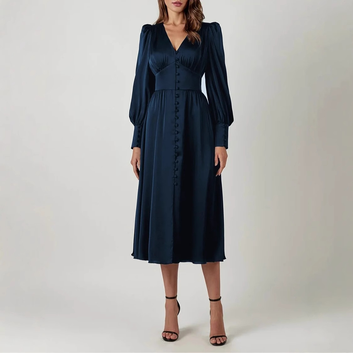 Satin Lantern-Sleeve High-Waist Slimming Long Dress