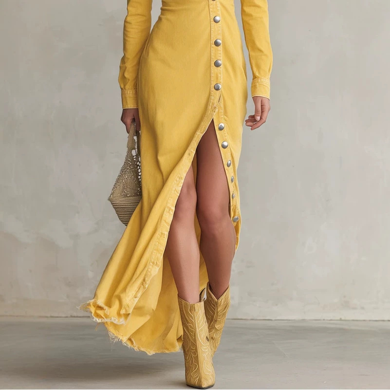 Retro Western Asymmetric Button Slit Denim Dress