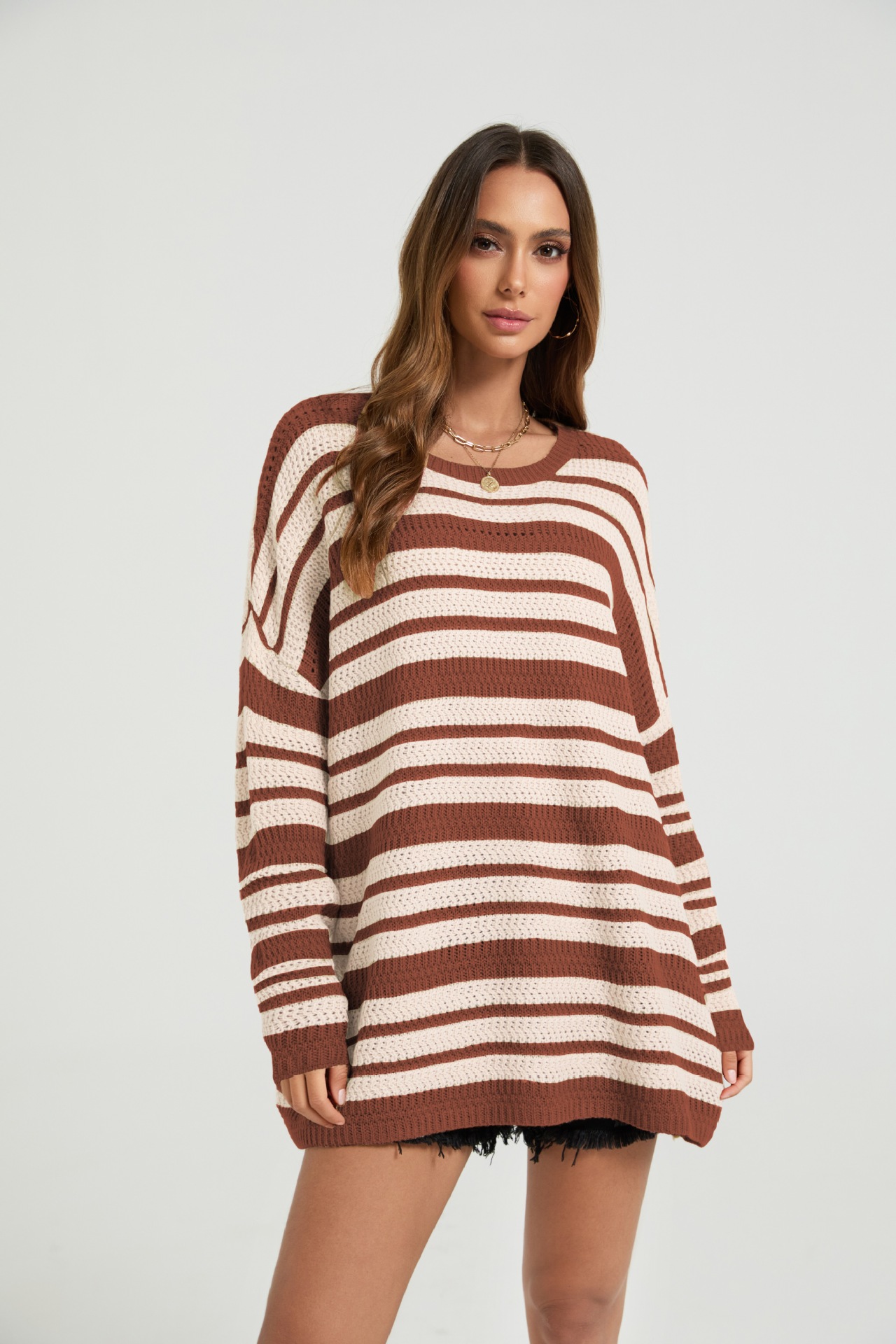 Color-Block Striped Knit Pullover Sweater Women Loose Fit Long Sleeve