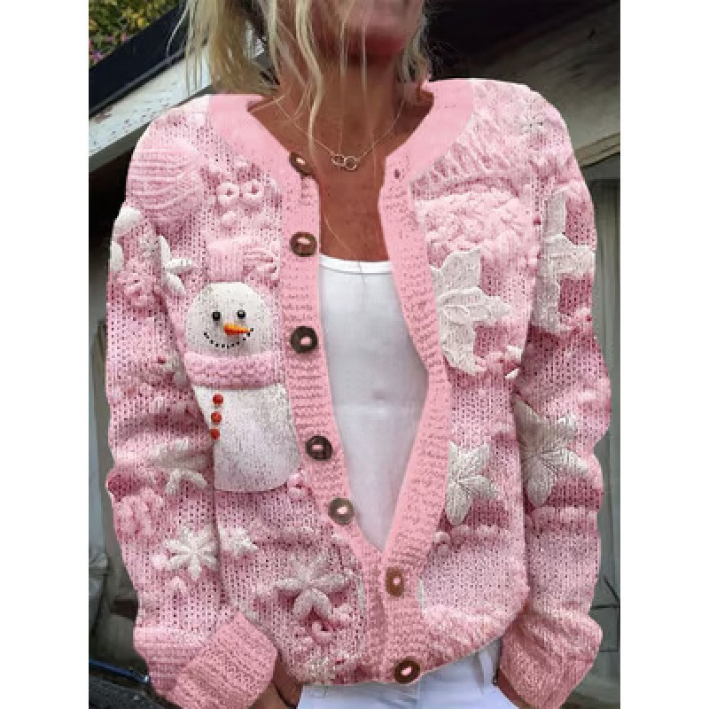 Women's Snowman & Tree Print Button Cardigan Sweater