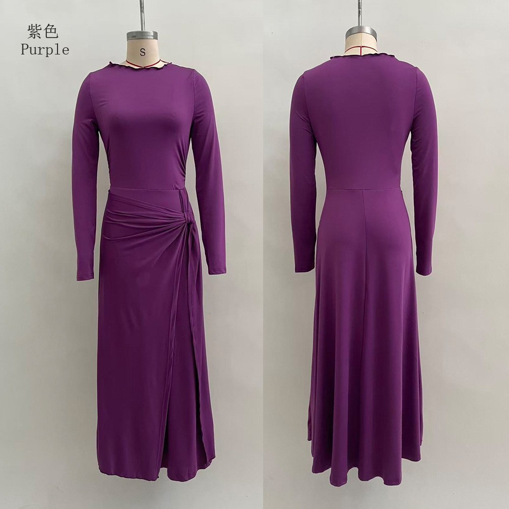 Women's Solid Wrap Long Dress with Knot Detail Long Sleeve