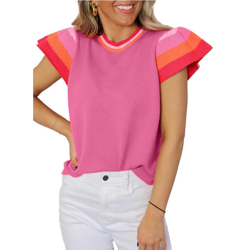 Women's Colorblock Crewneck Knit Top with Flutter Sleeves