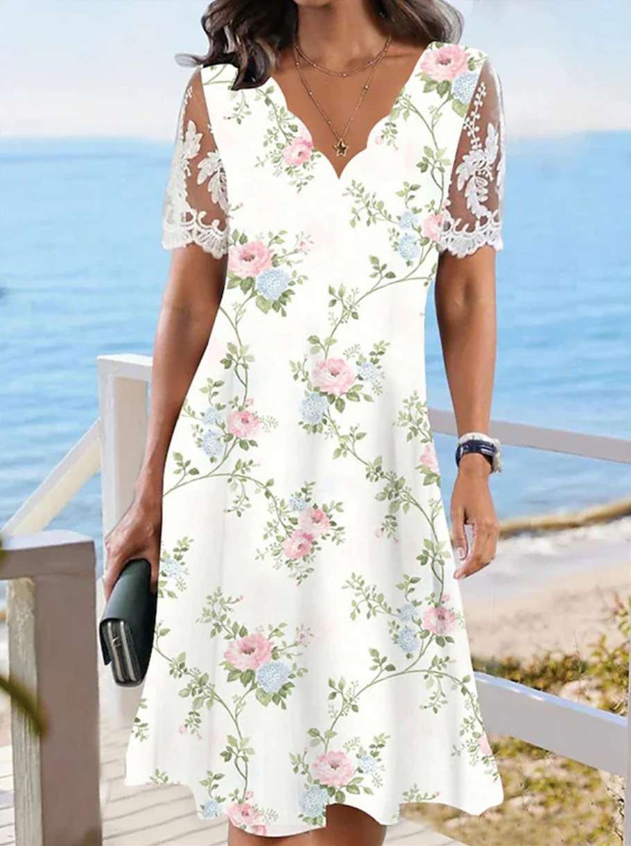 Women's Floral Print Lace Short Sleeve Wave Neck Dress