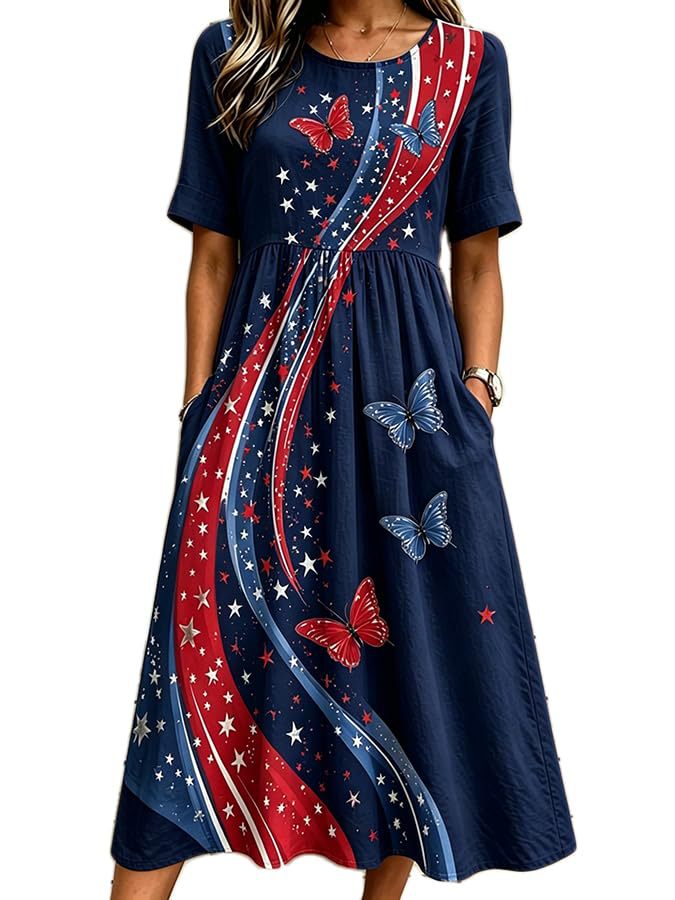 Women's Elegant Butterfly Line Print Pleated Midi Dress