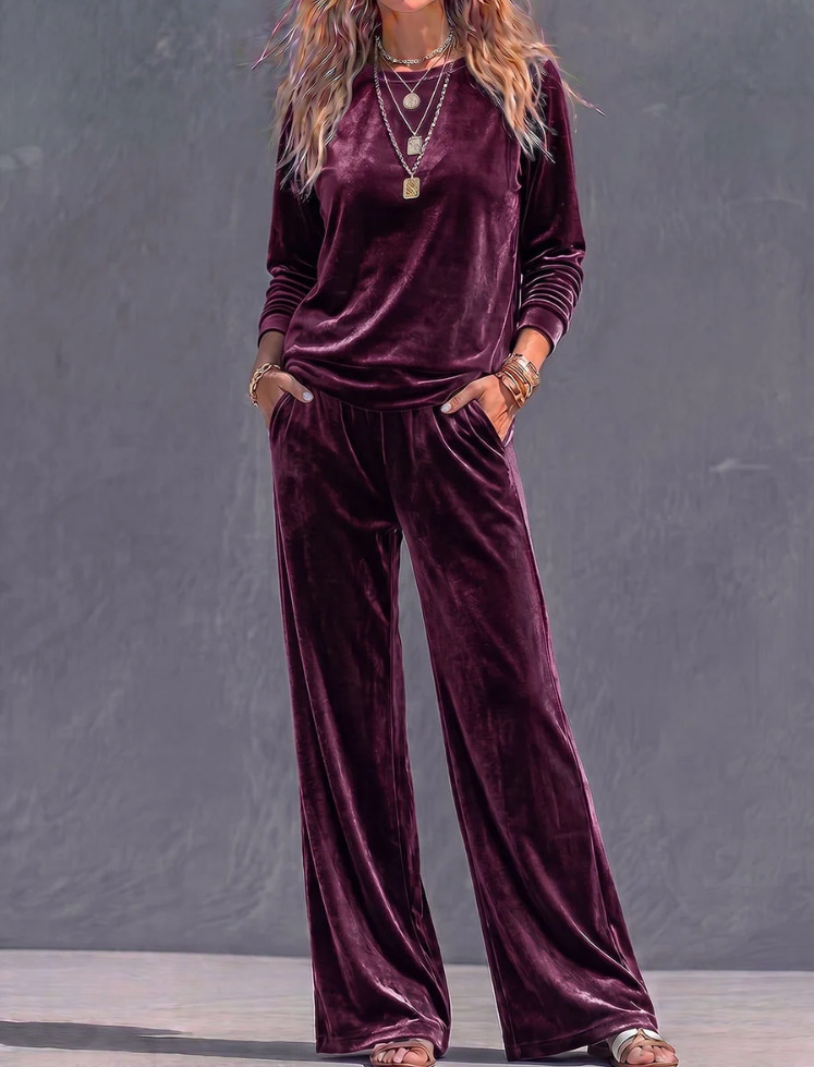 Women's Velvet Crewneck Long Sleeve Top and Pants Set