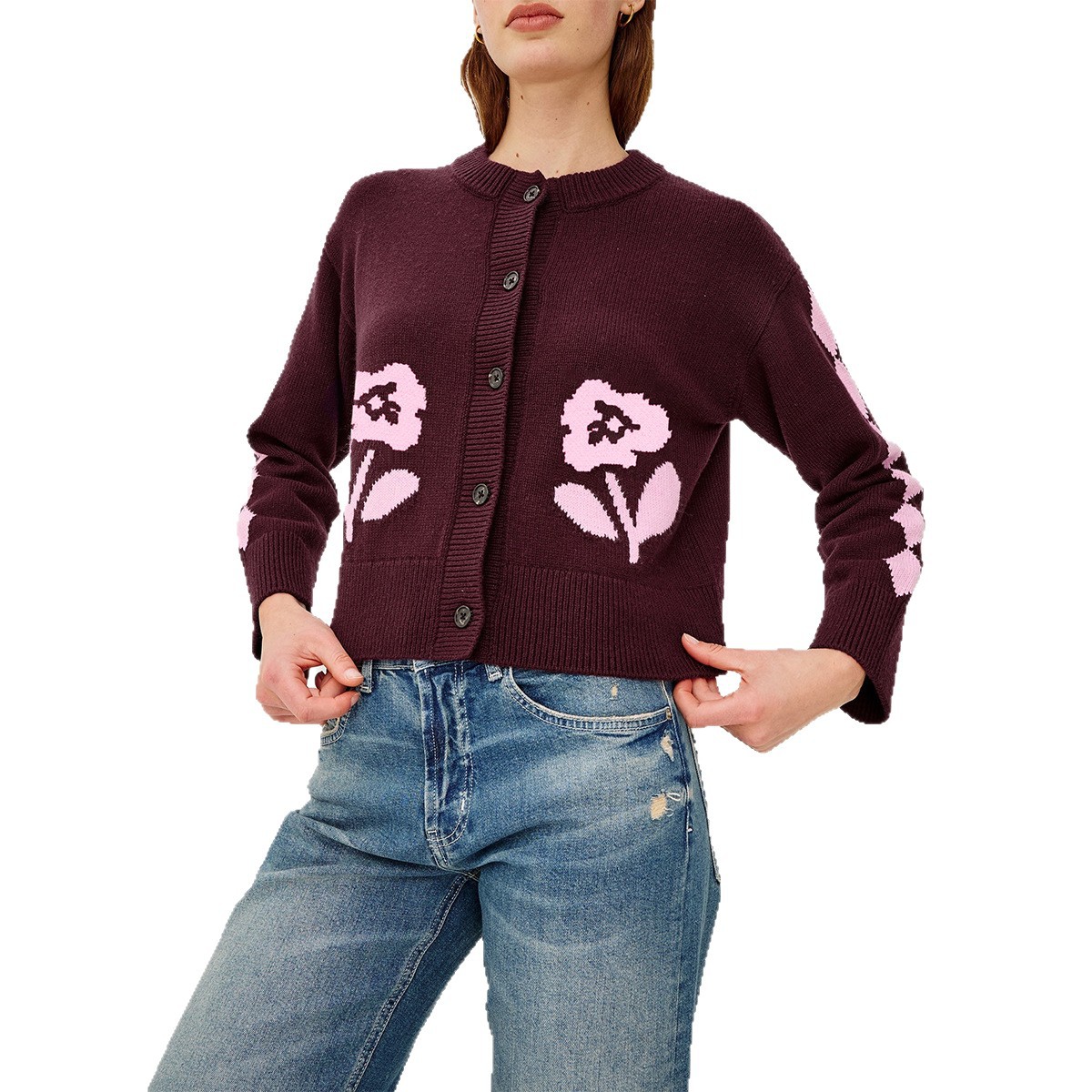 Women's Vintage Jacquard Knit Cardigan Button-Up Cropped Sweater Coat