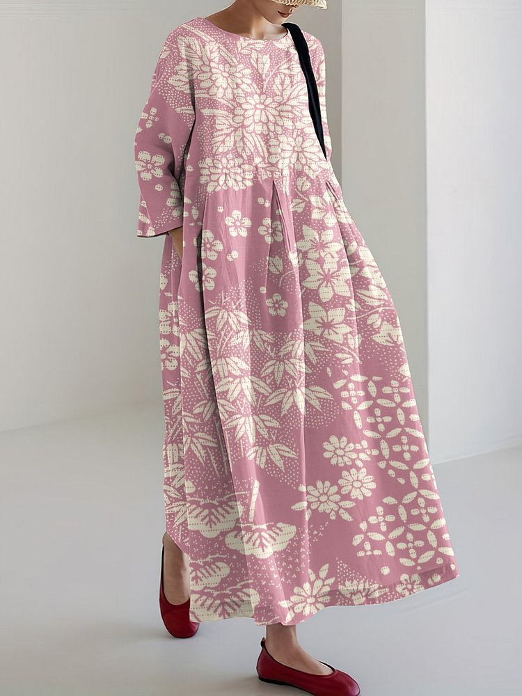 Women's Floral Print Casual A-Line Dress with U-Neck and Short Sleeves