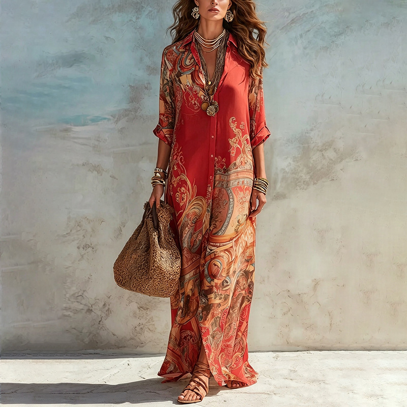 Women's Summer Floral Print Long Sleeve A-Line Maxi Dress