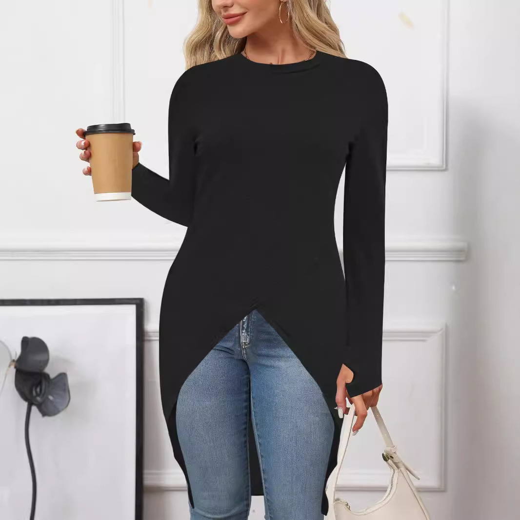Solid Crewneck Long Sleeve Slit Midi Dress