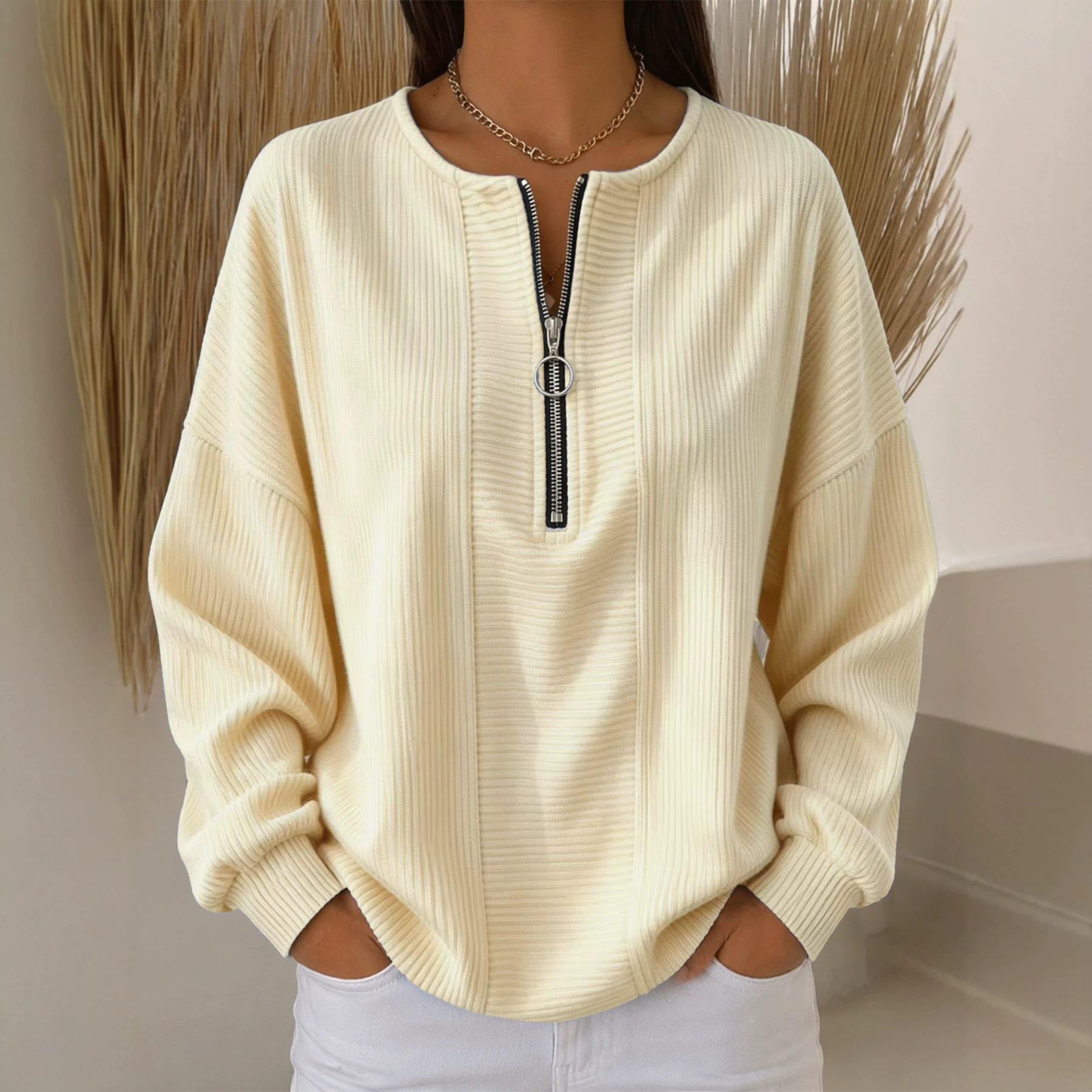 Snake-Textured Half-Zip Crewneck Loose Long-Sleeve Top for Women