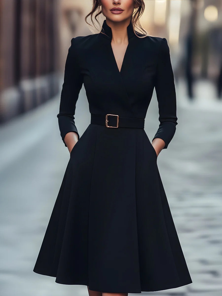 Solid V-Neck Waist-Cinched Long-Sleeve A-Line Midi Dress