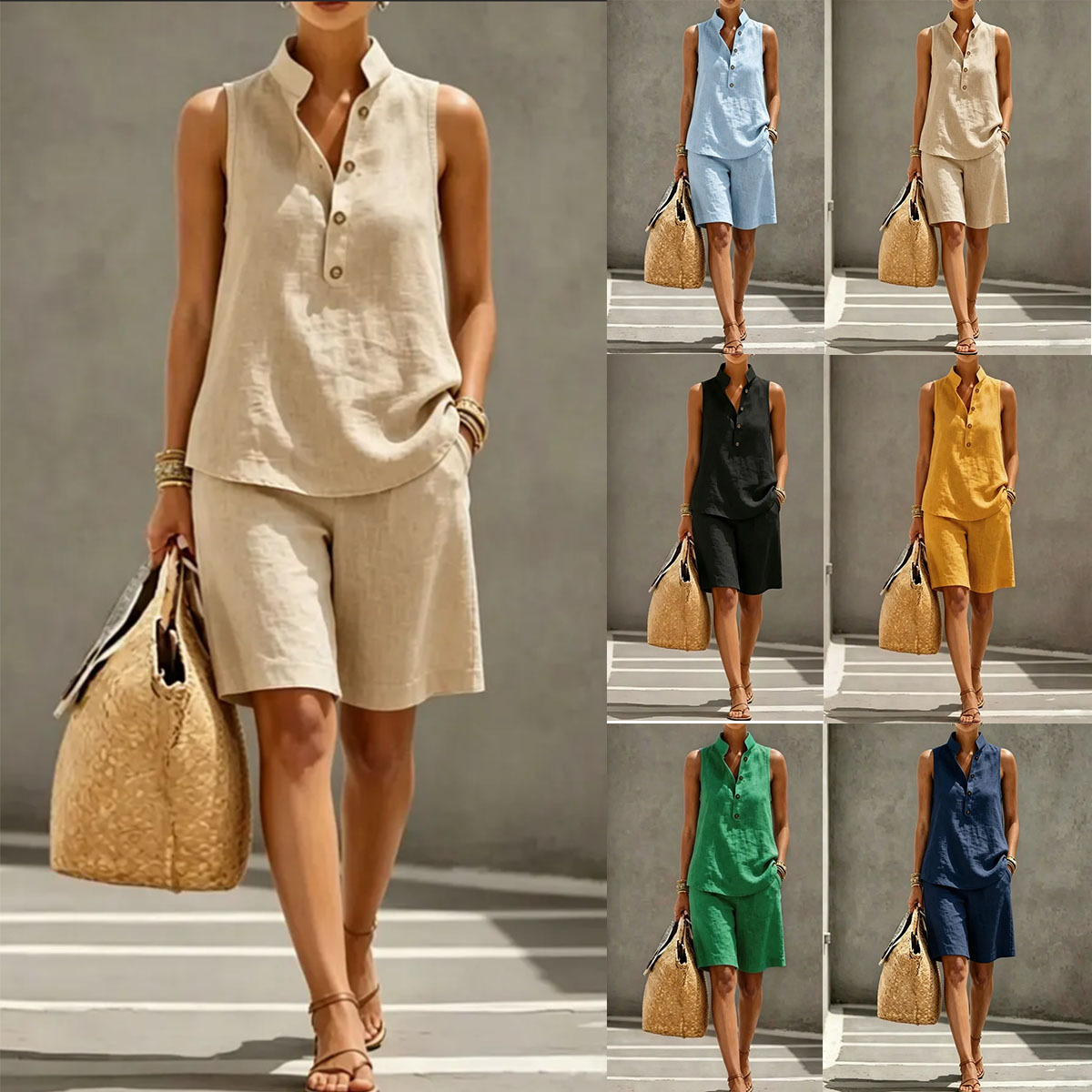 Women's Solid Color Two-Piece Pant Set Casual Urban Sleeveless Shirt & Cropped Pants