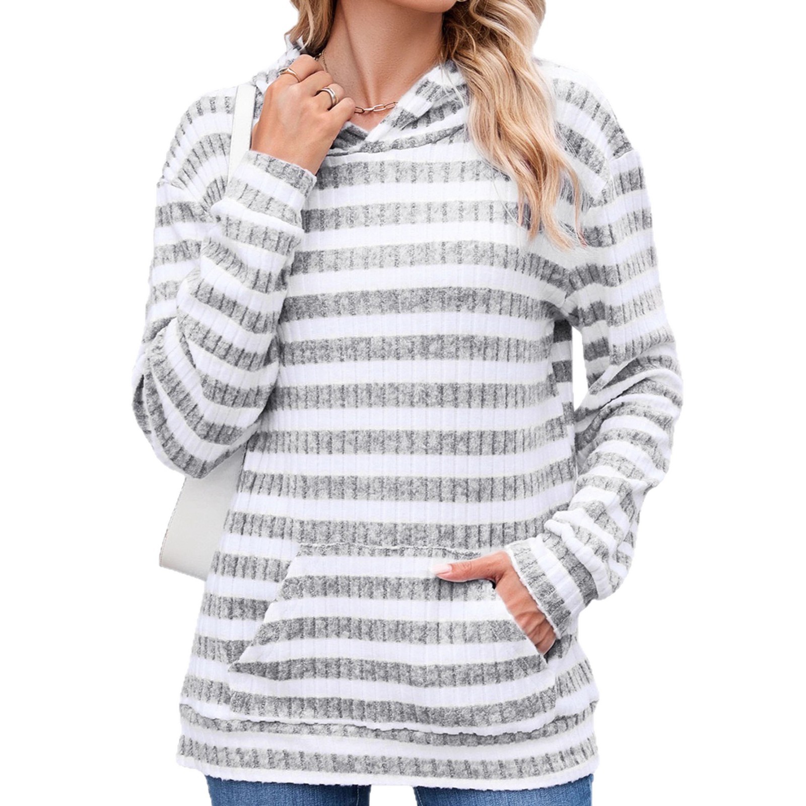 Striped Hooded Pullover Sweatshirt with Pockets Women's Loose Long Sleeve