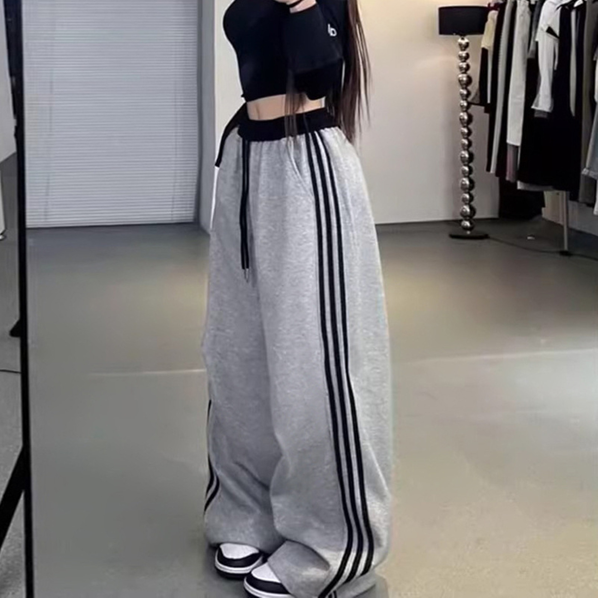 High-Waisted Wide-Leg Track Pants with Side Stripes, Loose Casual Fit