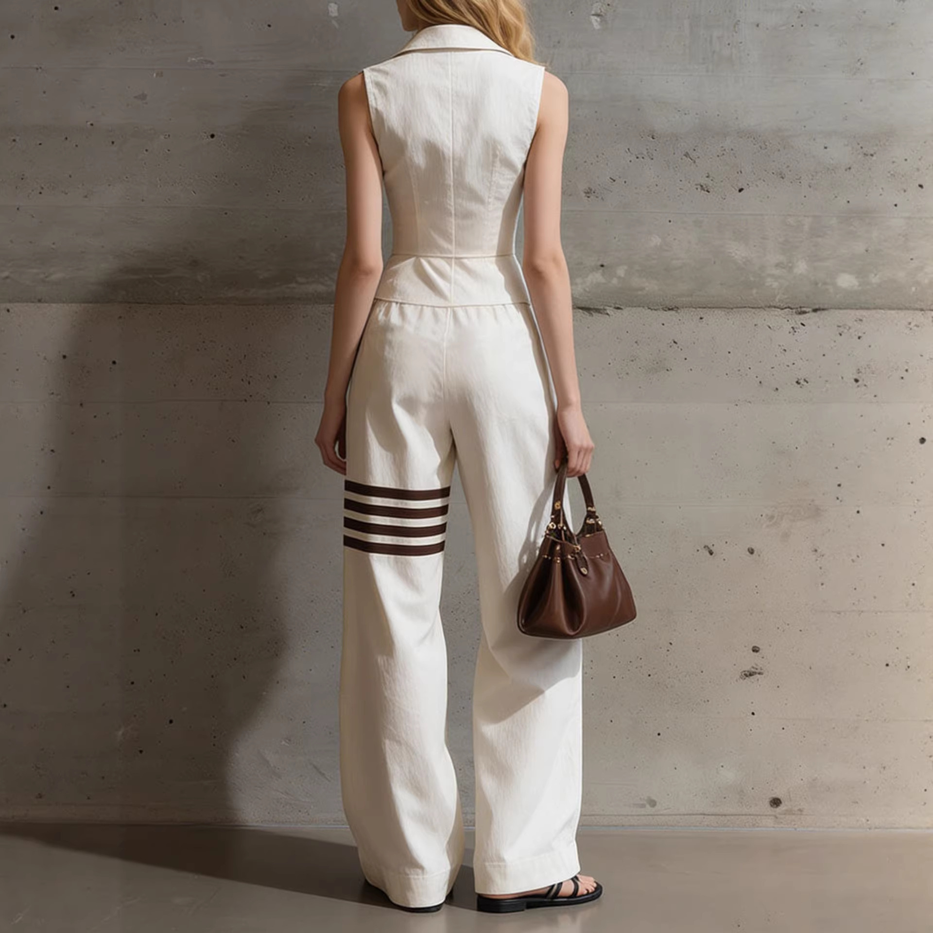 Sleeveless Button-Front Cinched Shirt & Wide-Leg Pants Set