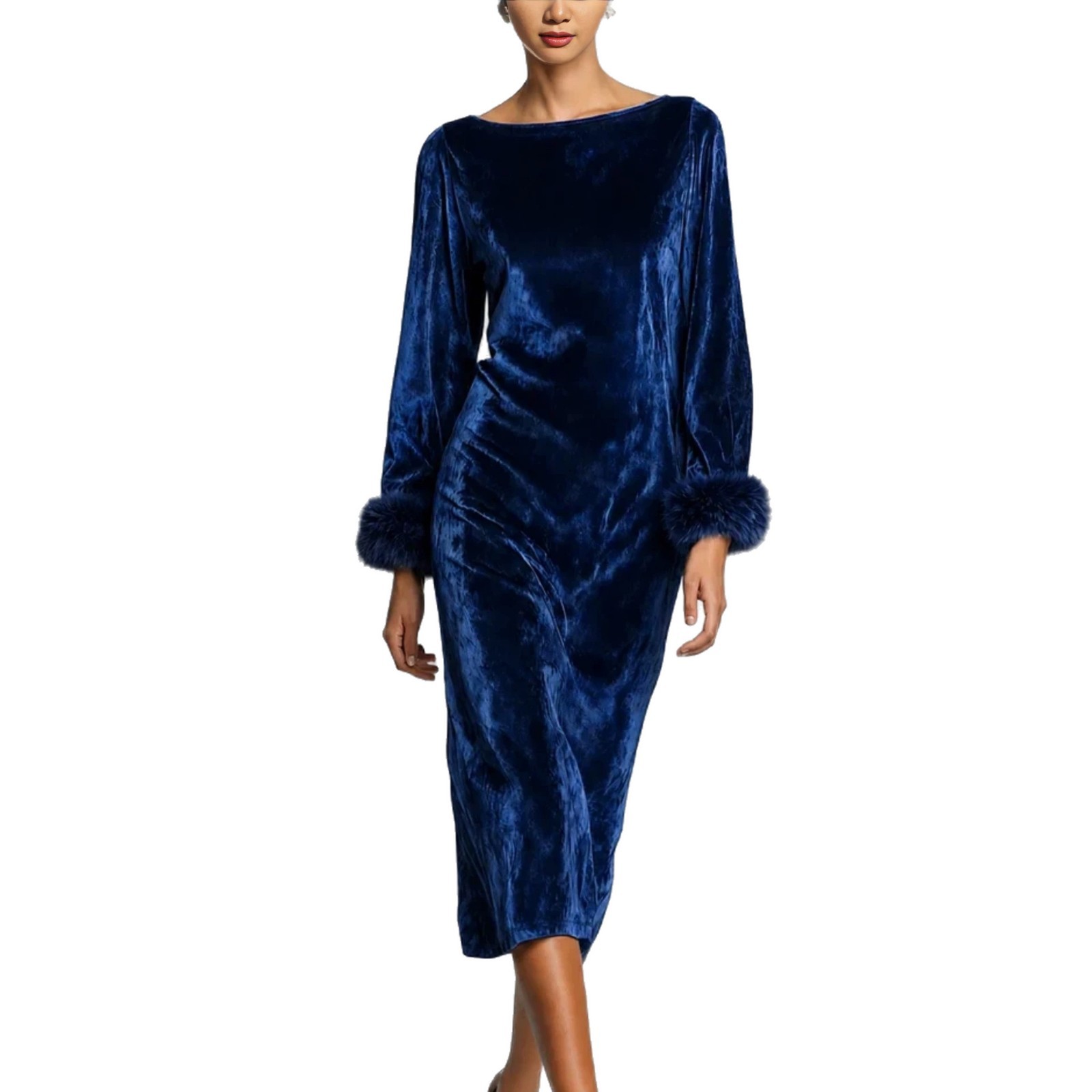 Women's Off-Shoulder Long Sleeve Faux Fur Cuff Long Dress