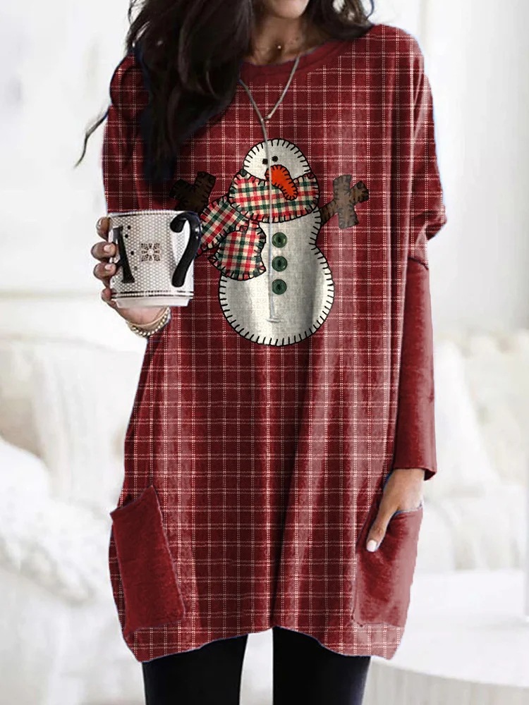 Women's Animal Print A-Line Midi Dress Long Sleeve Crew Neck Casual