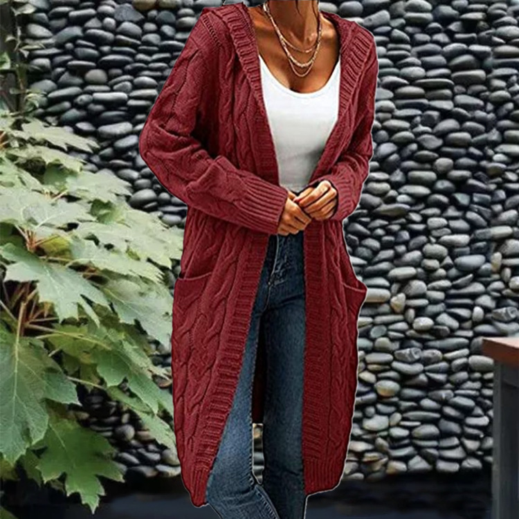 Women's Hooded Cable Knit Open-Front Cardigan Sweater, Mid-Length