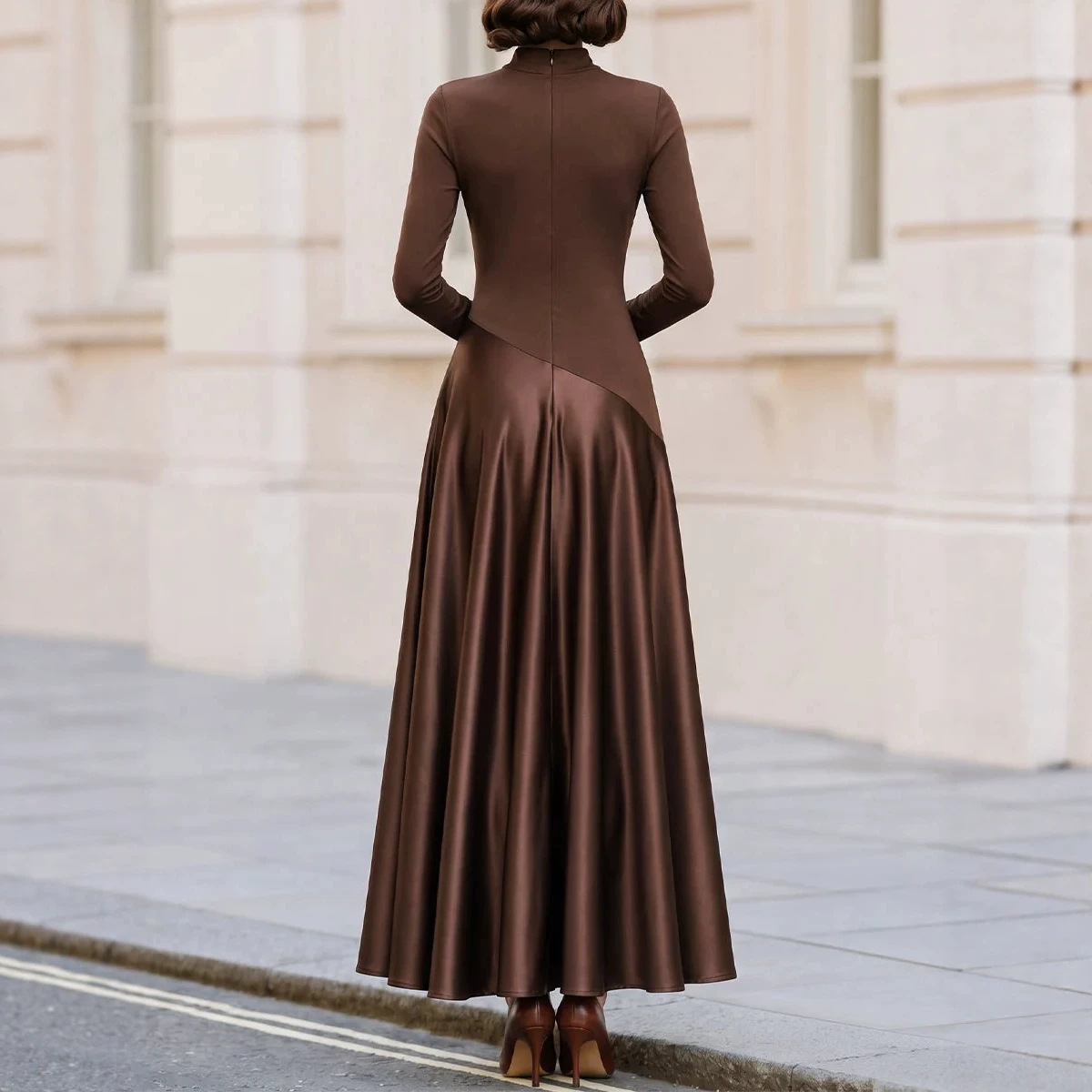 Brown Satin Paneled Long Sleeve Mock Neck High Waist Maxi Dress