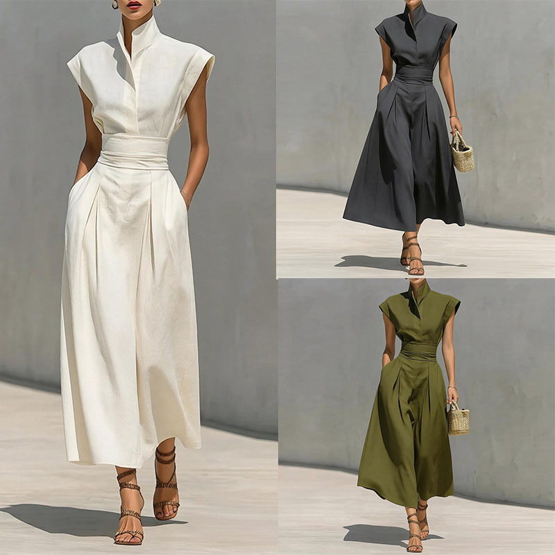 Elegant Stand Collar Solid Color Flutter Sleeve Dress
