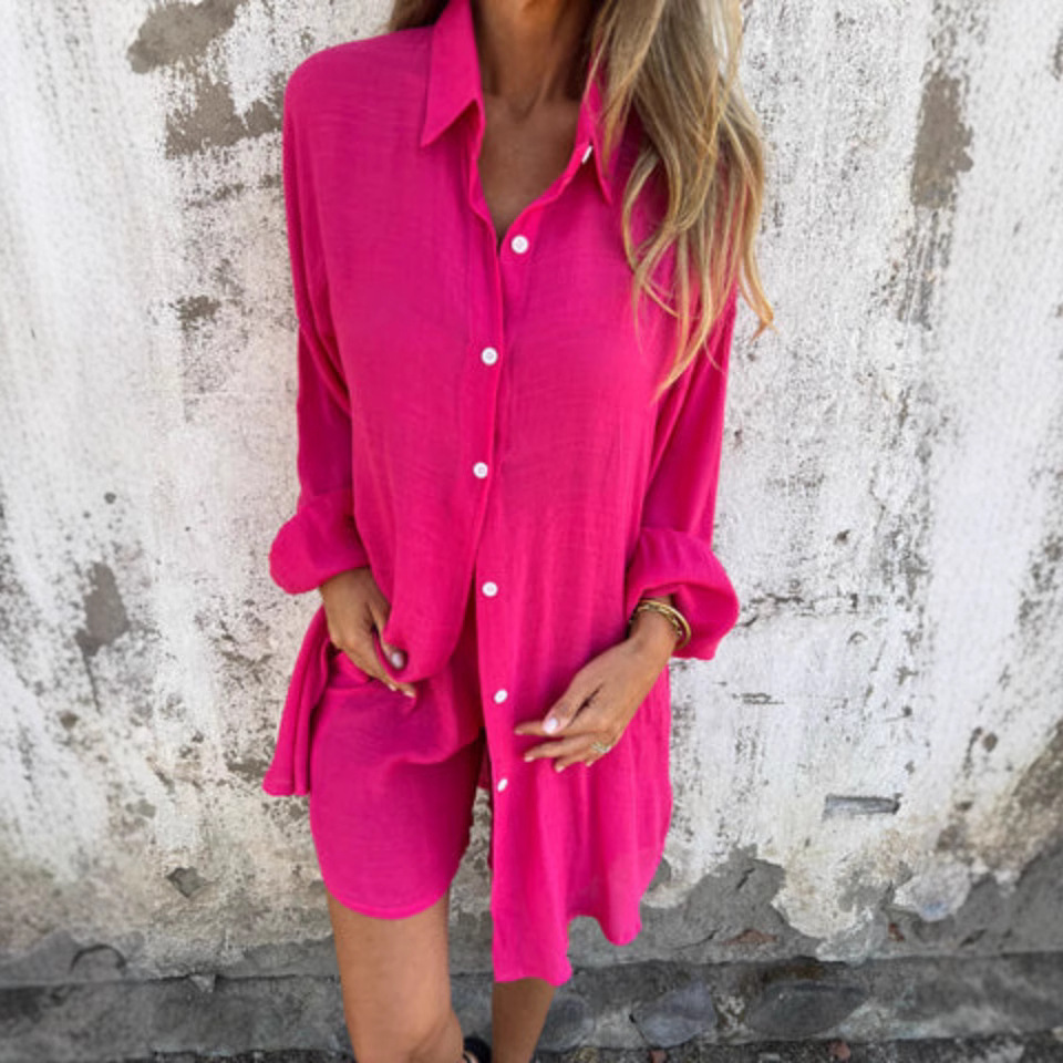 Women's Printed Long-Sleeve Collared Shirt and Shorts Set