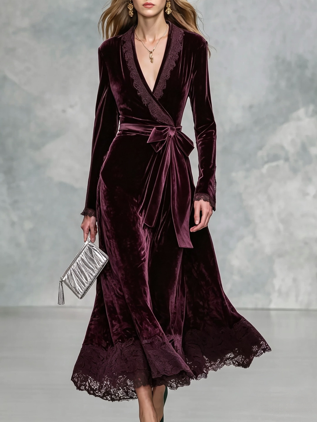Retro Lace Spliced Lace-Up Waist-Slimming Long Dress