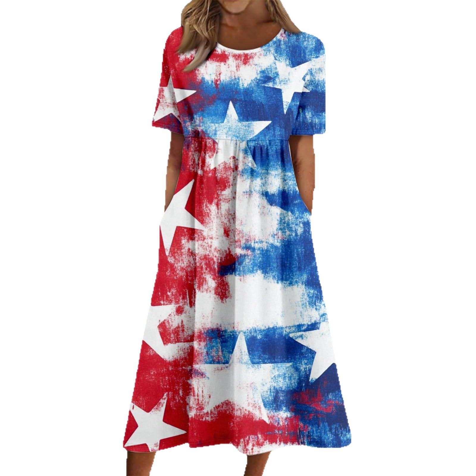 Women's Star Floral Print Ruched Midi Dress Short Sleeve Crew Neck