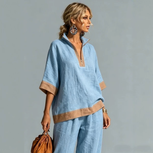 Women's Loose Casual Zip-Neck Top and Pants Set