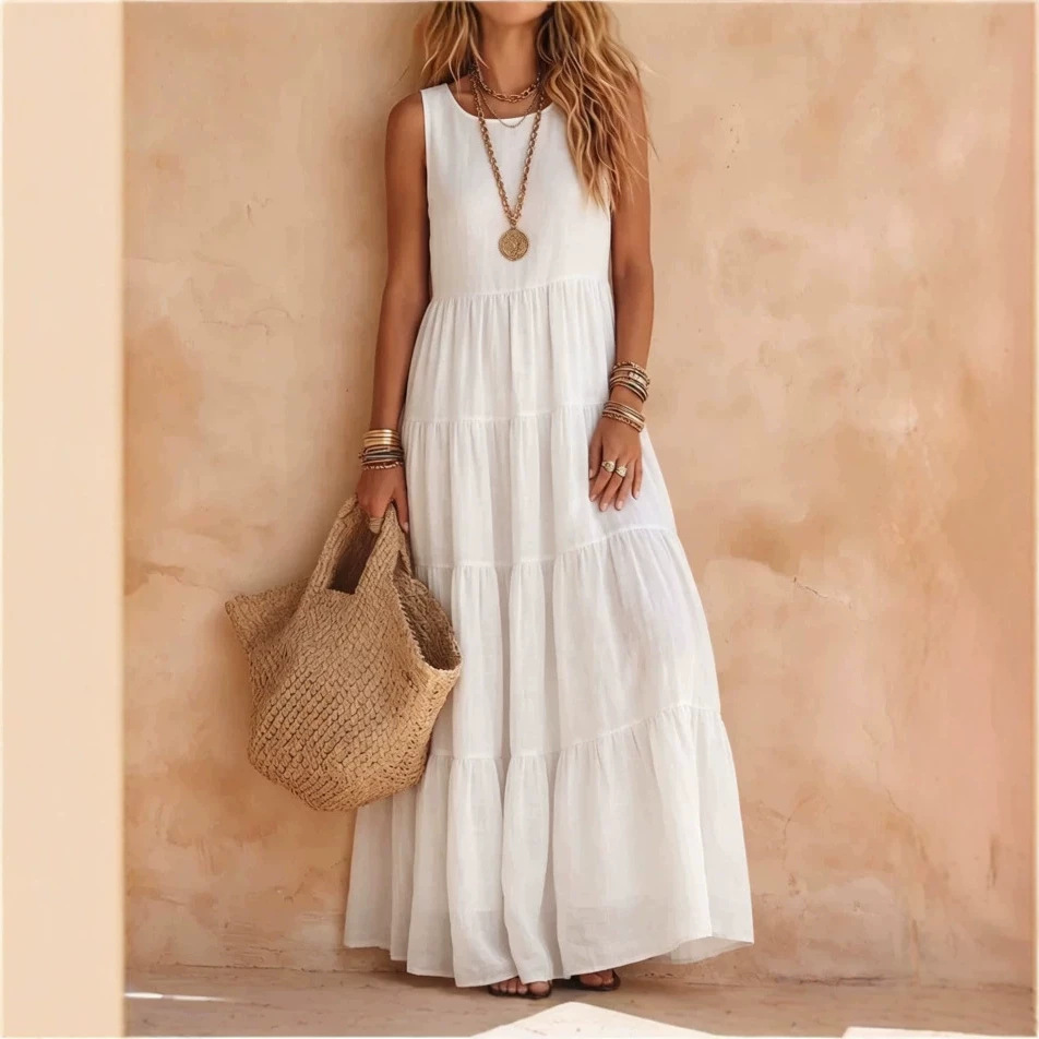 Solid Sleeveless Plus Size Maxi Dress with Round Neck and Shirred Details