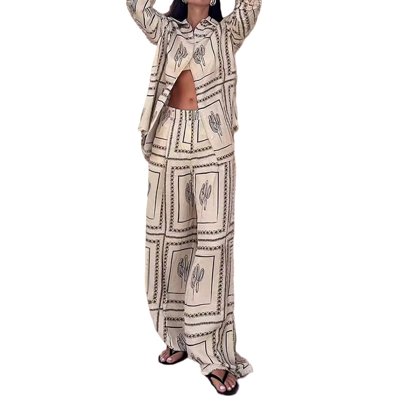 Women's Printed Shirt & Pants Set Casual Commuter Two-Piece Outfit