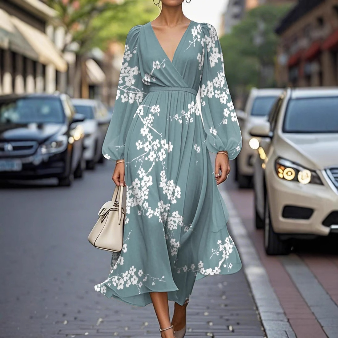 V-Neck Long Sleeve Digital Print Waist-Cinching Long Dress