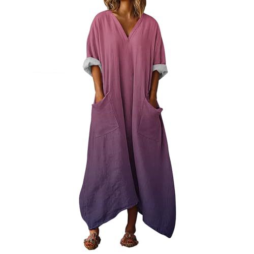 Women's Colorful Gradient A-Line Midi Dress with Deep V-Neck and Long Sleeves