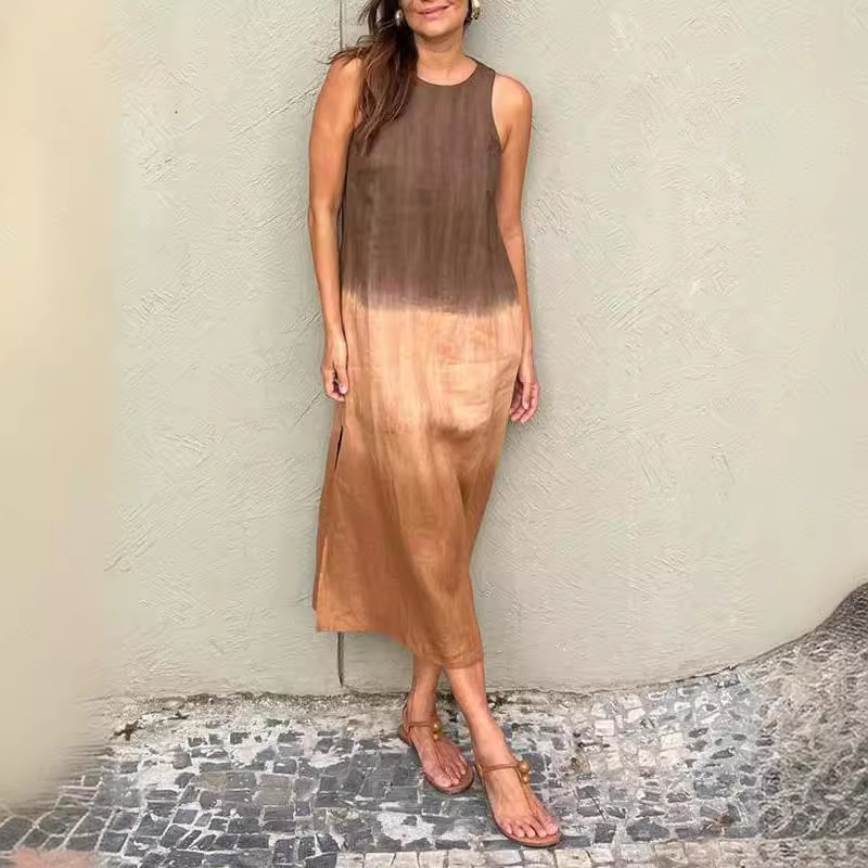Women's Summer Sleeveless Cotton-Linen Gradient Dress with Slit