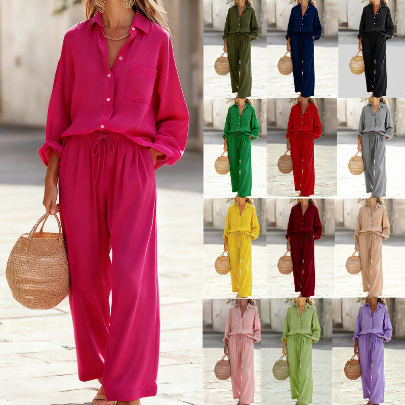 Women's Solid Color Faux Linen Long Sleeve Loose Top Set