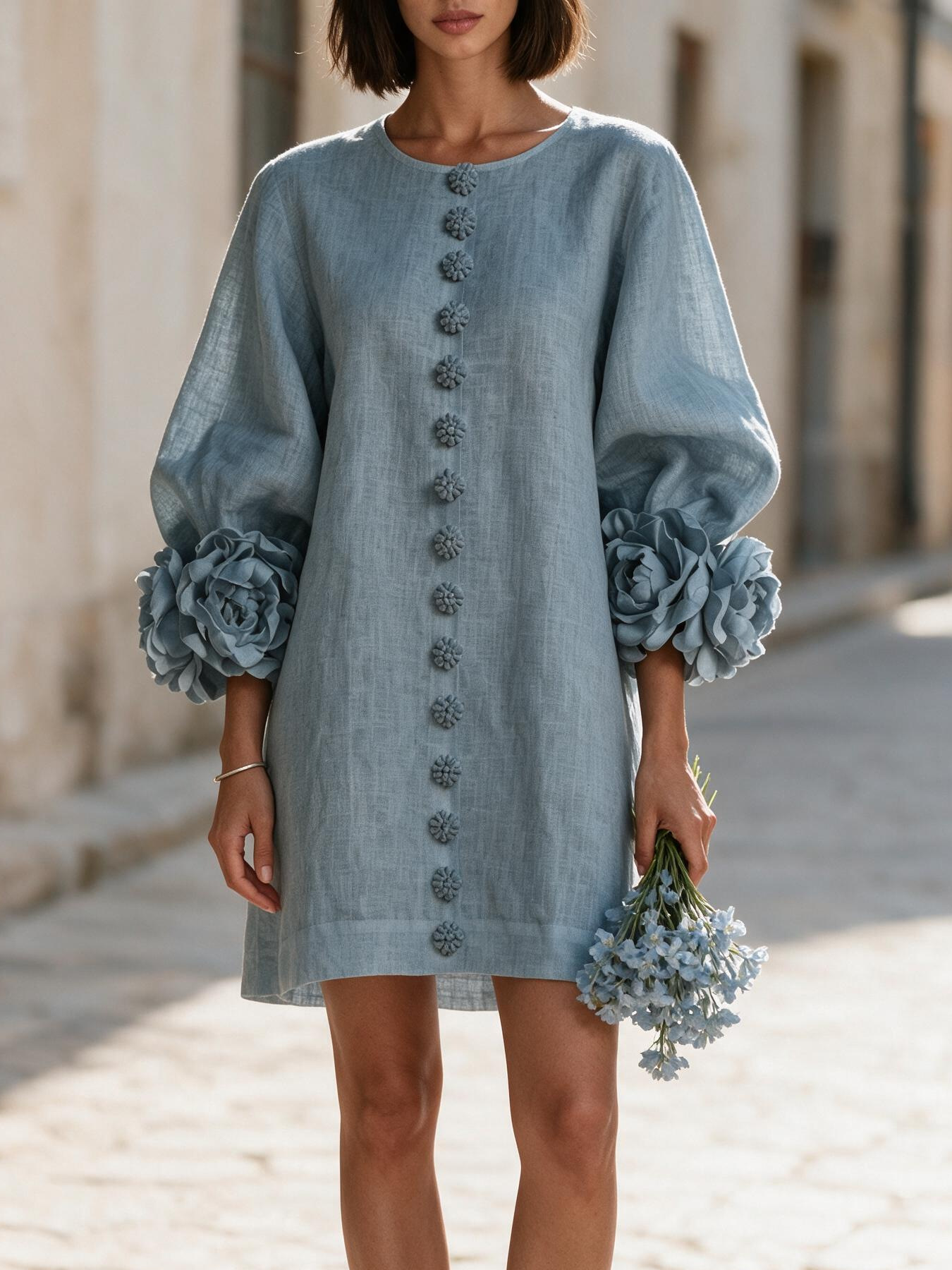 French 3D Floral Lantern Sleeve Dress