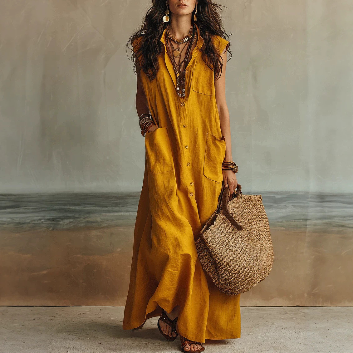 Off-Shoulder Boho Shirt Dress Loose Fit Long