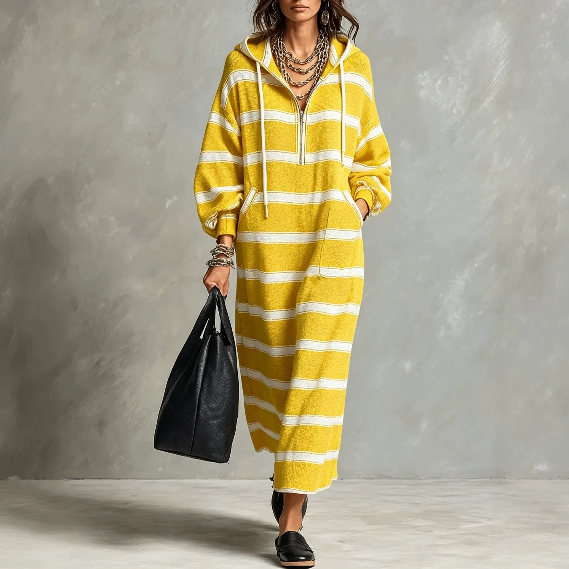 Hooded Half-Zip Loose Plus-Size Print Long Sweatshirt Dress