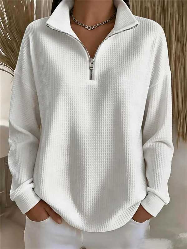 Women's Waffle Knit Half-Zip Hoodie Loose Fit Solid Color Top