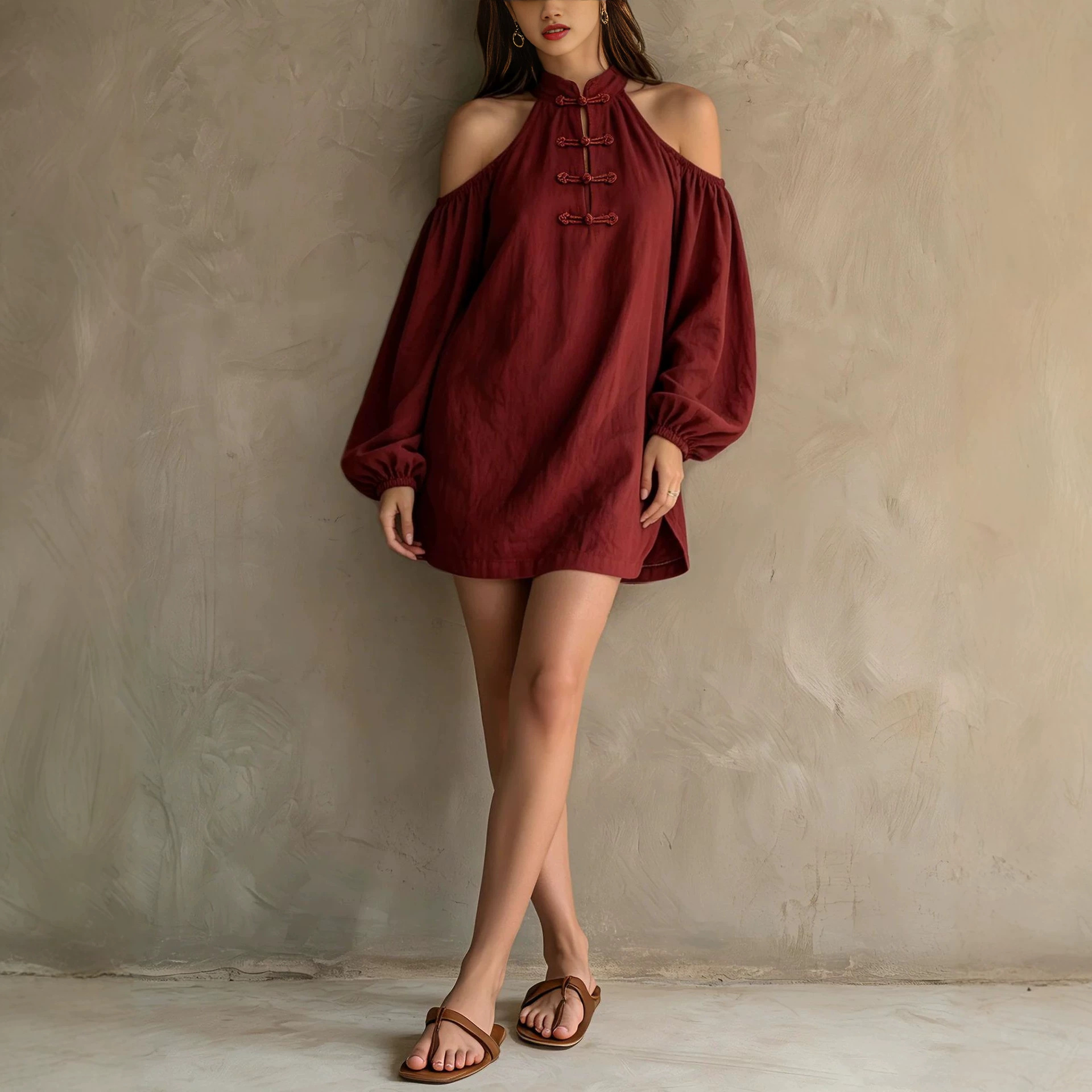 Off-Shoulder Retro Long-Sleeve Solid Color Loose Casual Dress