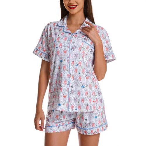 Women's Cuban Collar Polka Dot Print Short Sleeve Top Set
