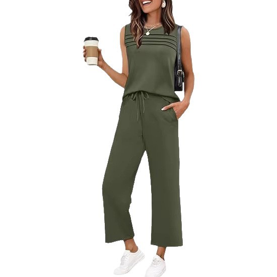Women's Sleeveless Crewneck Top and Pants Two-Piece Set Casual Solid Color