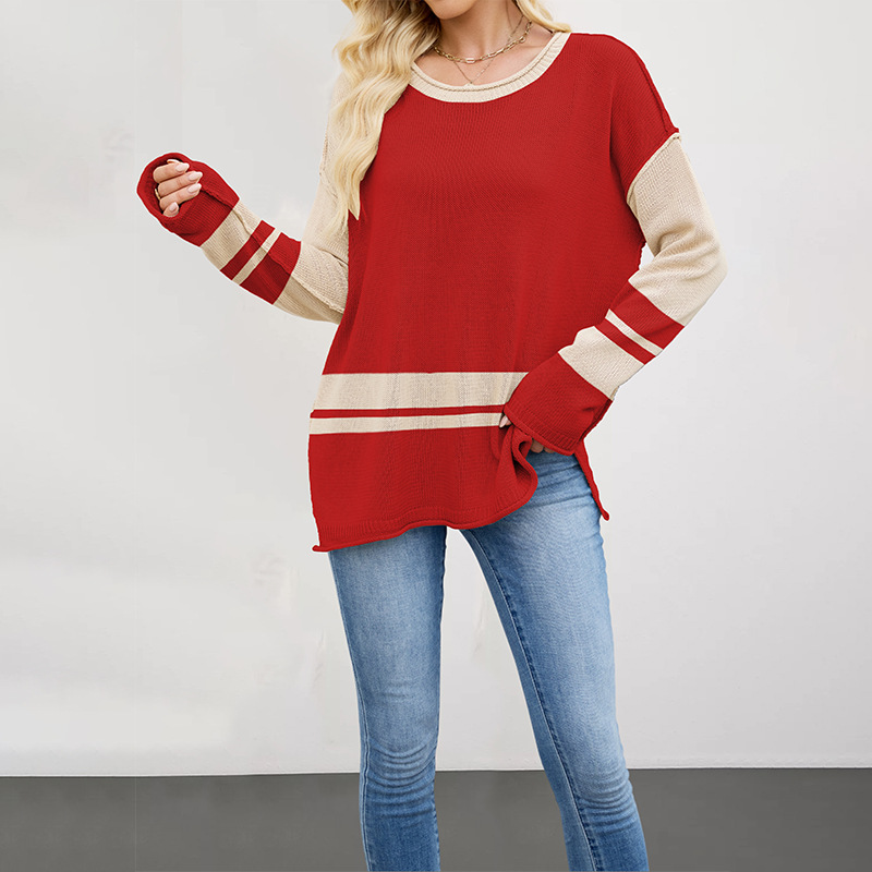 Color-Block Crewneck Knit Sweater, Loose Fit Pullover