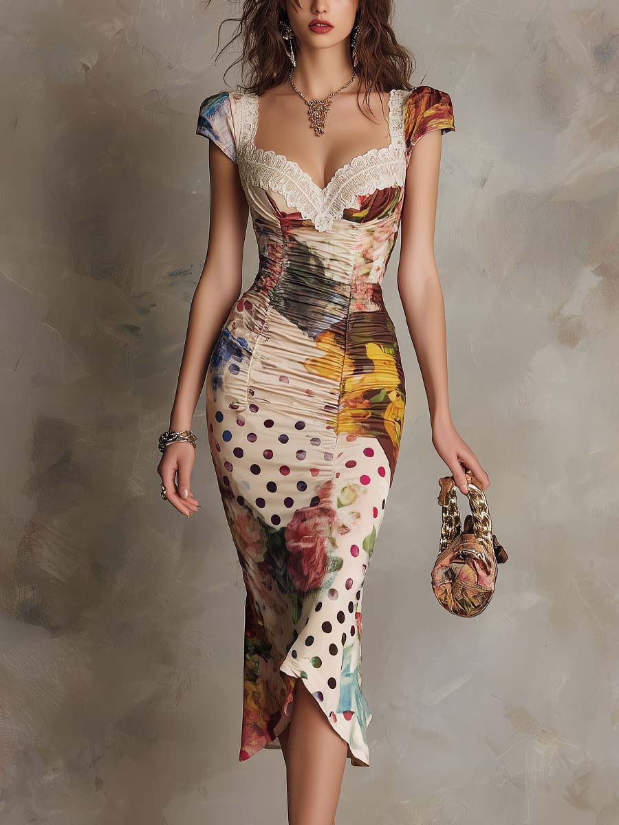 Vintage Floral Print Slim-Fit Midi Dress Square Neck High Waist