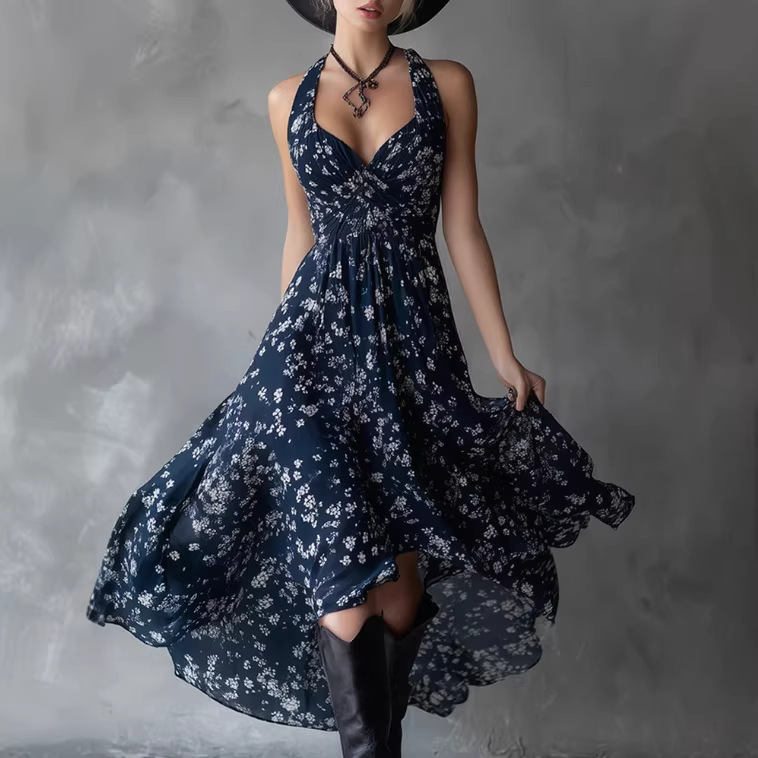 Vintage Floral Print Navy Chiffon Maxi Dress