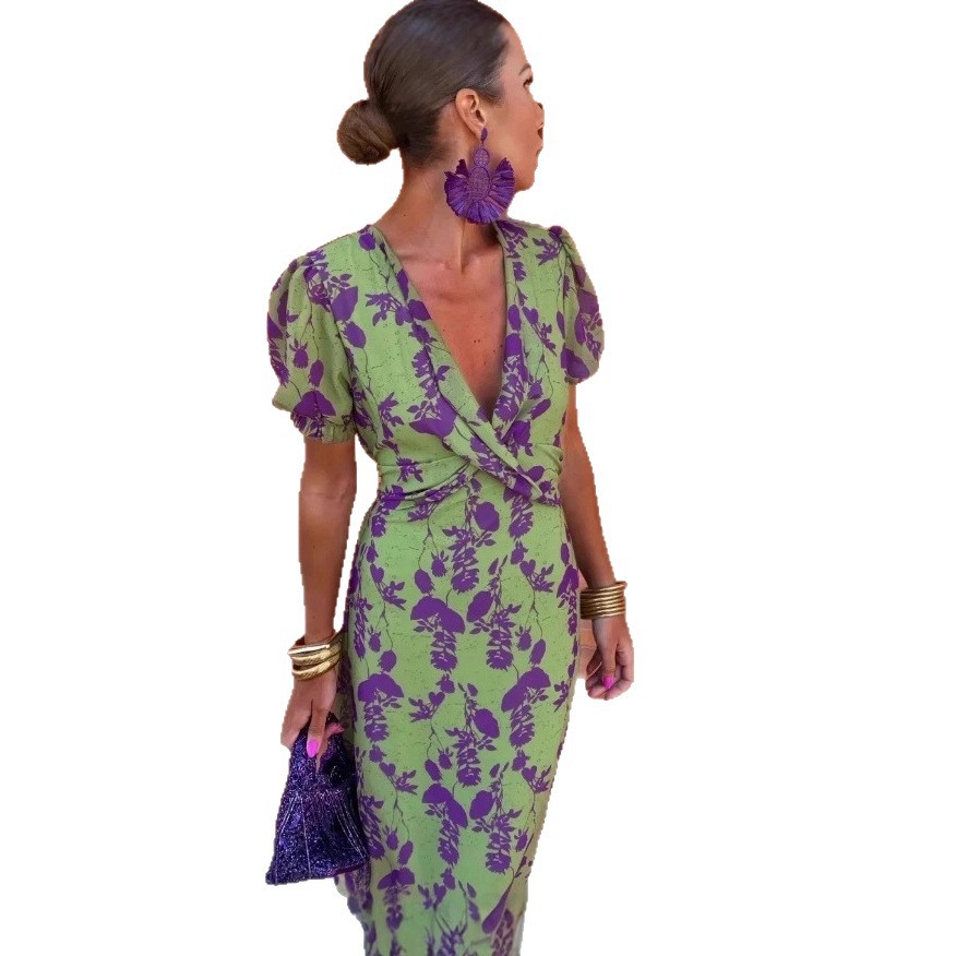 Women's Ruched Print V-Neck Short Sleeve Midi Dress