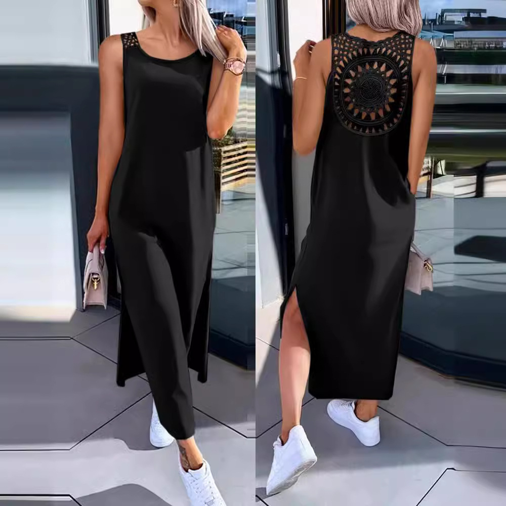 Solid Color Lace Hollow Out Slit Sleeveless Dress